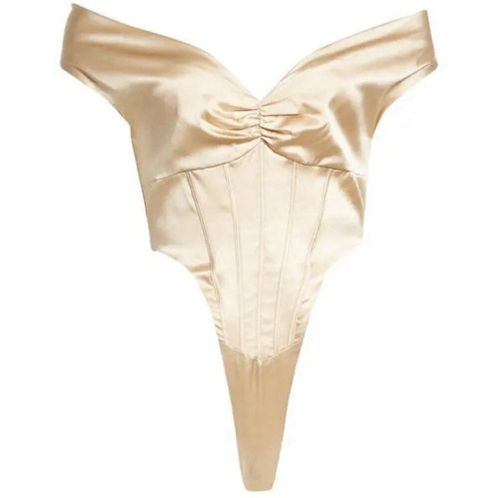 RETROFETE Rozik Stretch Silk Blend Thong Bodysuit In Champagne Color Sz M New